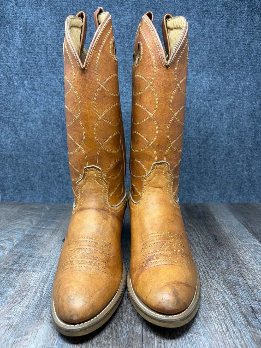 Vintage Acme Cowboy Western Mens 10 D Boots Tan Brown marbled leather USA MADE - Picture 2 of 16